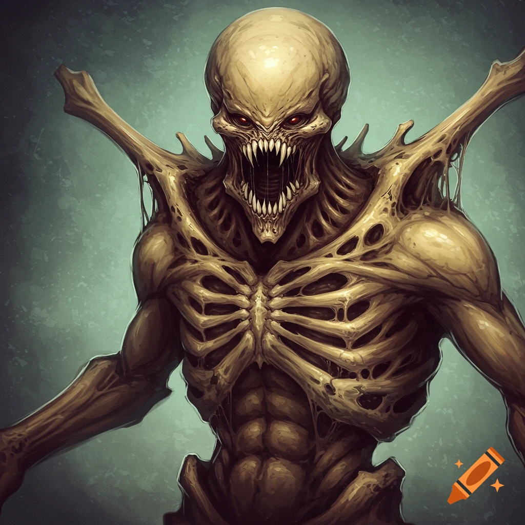 A scary monster creature with sharp teeth and a bone-like body.