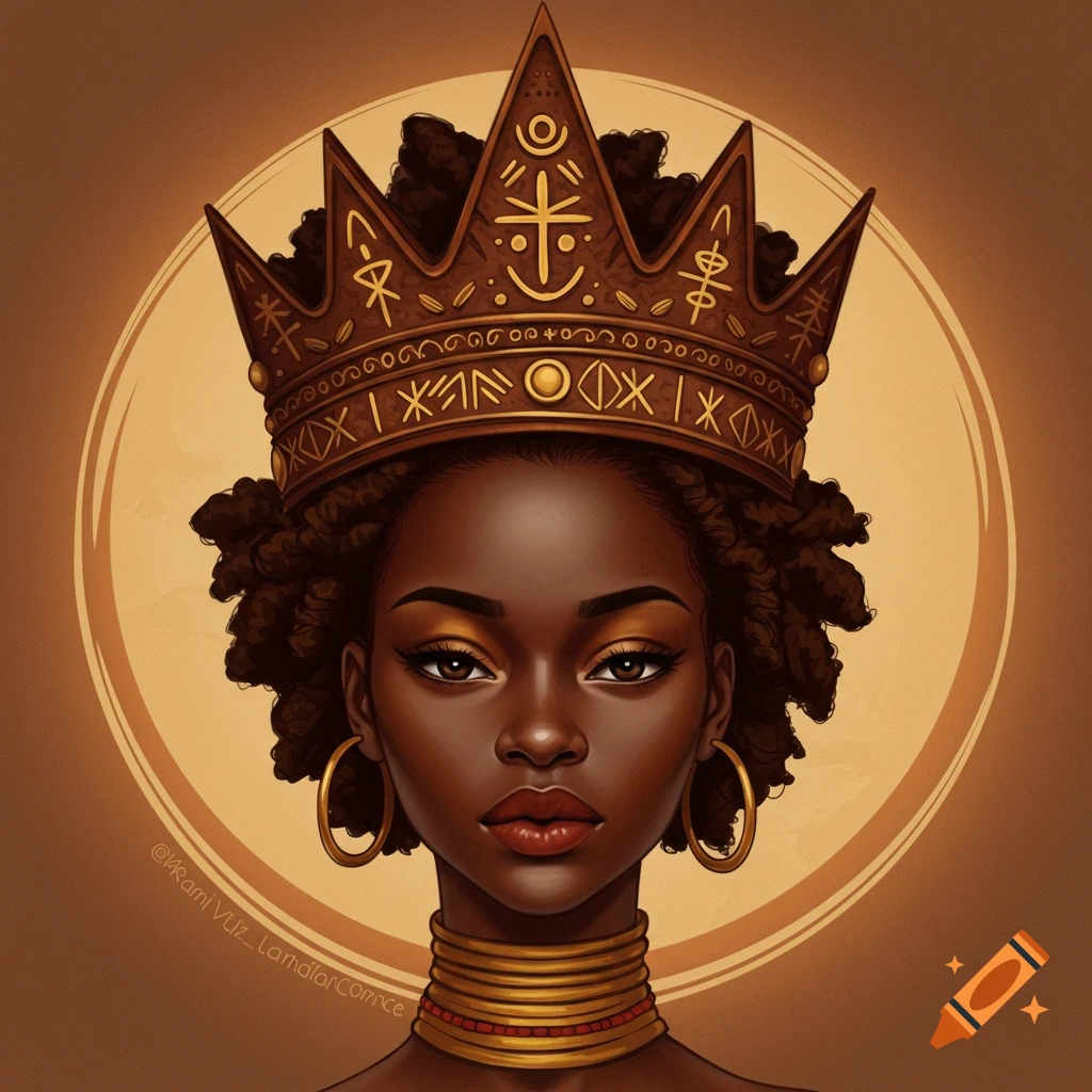 Stylized portrait of a Black woman wearing a large ornate brown and gold crown and gold jewelry against a brown background.