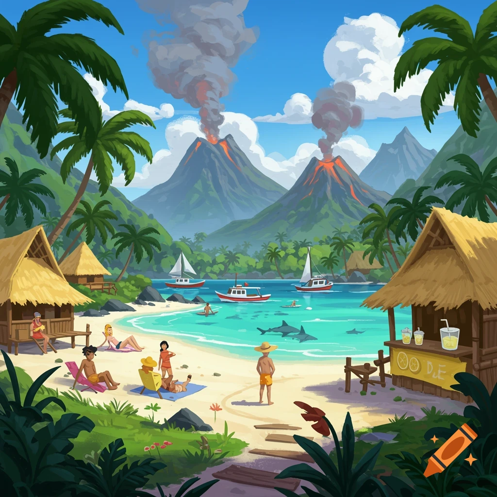 Cartoon illustration of a tropical beach with people relaxing, swimming, boats, sharks, huts, and erupting volcanoes in the background.