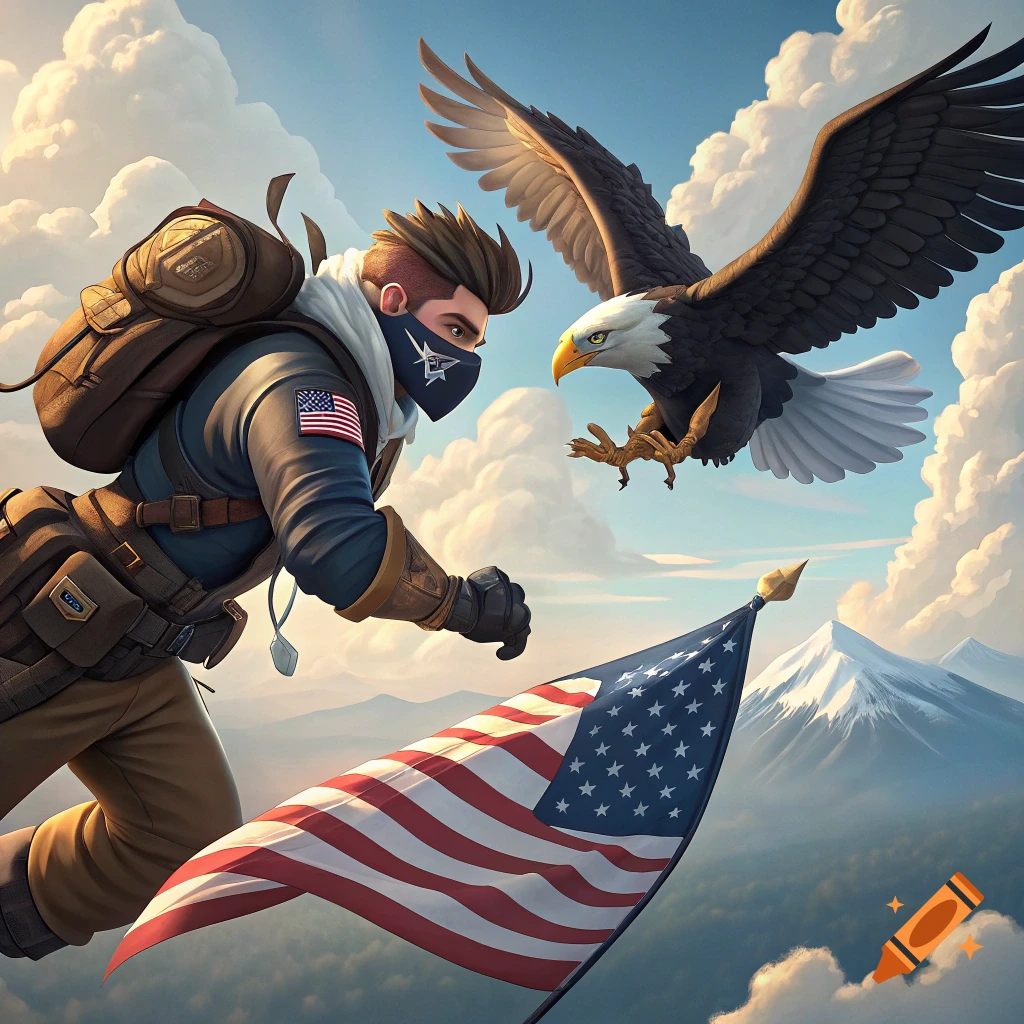 Stylized person and bald eagle soaring with American flag above mountains and clouds.