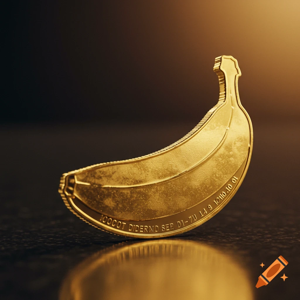A photorealistic render of a golden coin shaped like a banana on a dark surface with a reflection.