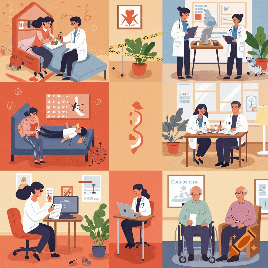 Stylized illustration showing various scenes of people in careers related to psychology and therapy.