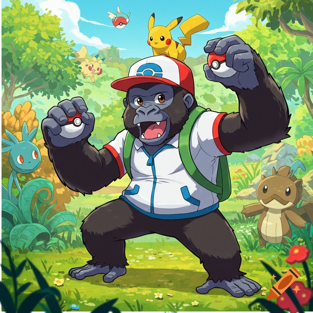 A cartoon gorilla dressed as a Pokemon trainer holds two Pokeballs in a forest setting with Pikachu and other Pokemon.