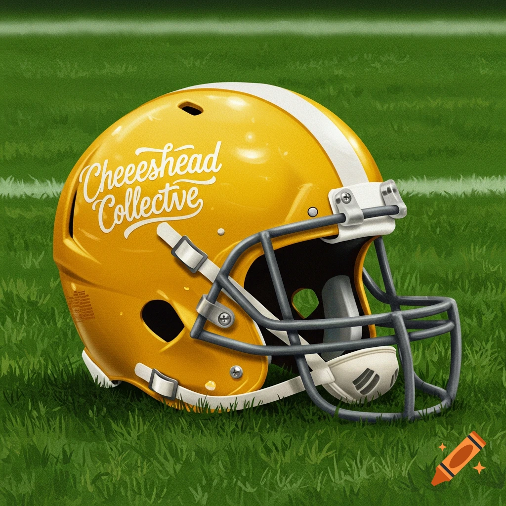 An illustration of a yellow football helmet with the words Cheeeshead Collective written in cursive on the side, sitting on green grass.