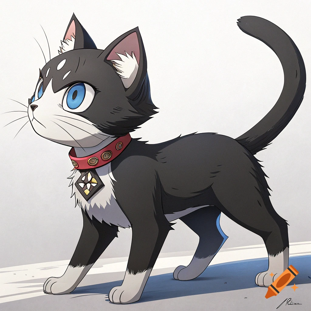 Anime-style black and white cat with blue eyes and a red collar stands looking left.