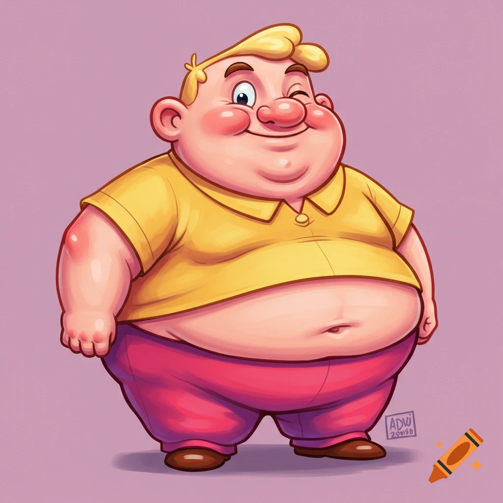 Cartoon illustration of a chubby blonde man in a yellow shirt and pink pants winking