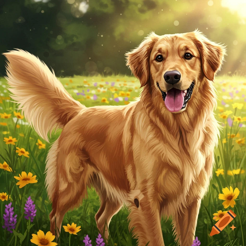 A golden retriever stands in a field of wildflowers.