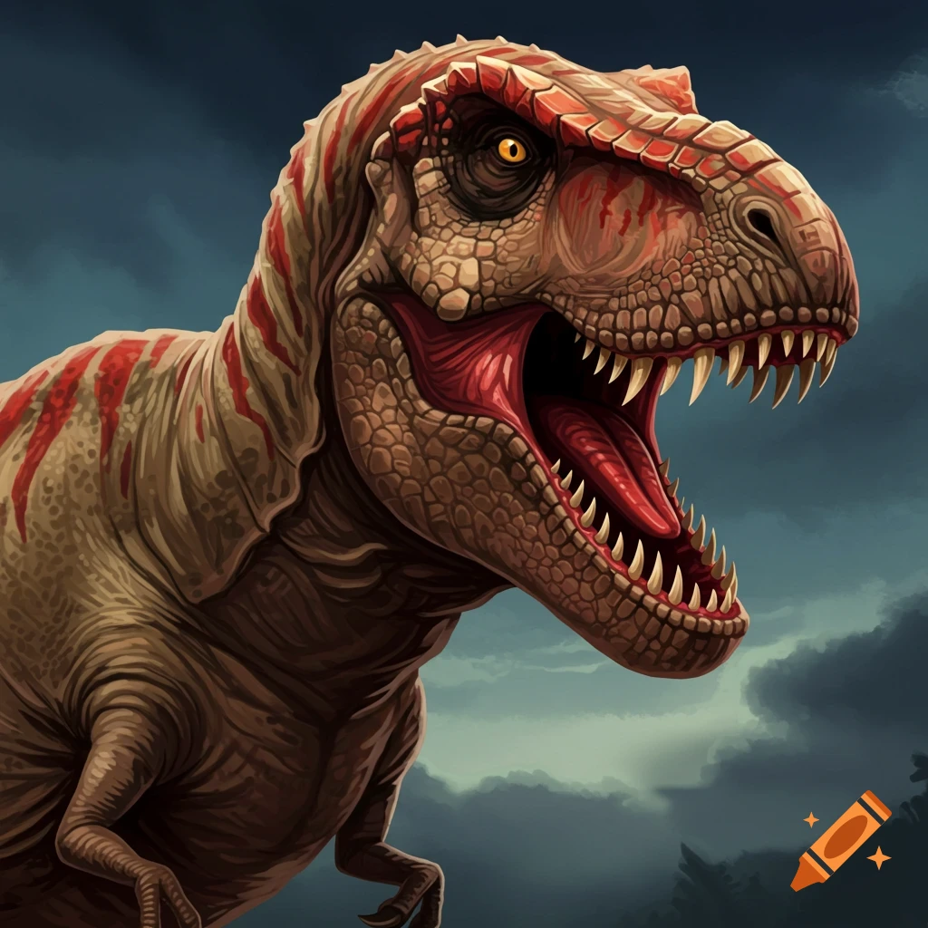Close-up illustration of a Tyrannosaurus Rex roaring with its mouth wide open.