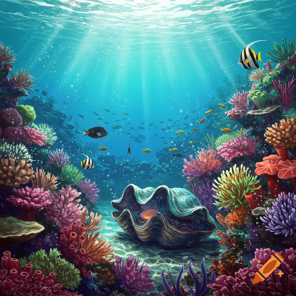 A vibrant underwater scene shows a giant clam among colorful coral reefs with tropical fish swimming by, illuminated by sunrays from above.