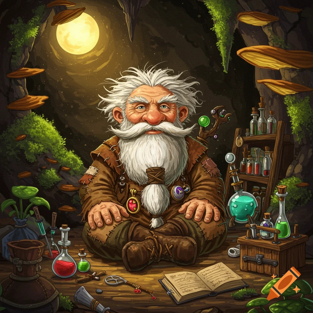 An old dwarf with a long white beard sits cross-legged in a cave filled with alchemy bottles and glowing mushrooms, lit by a large moon.