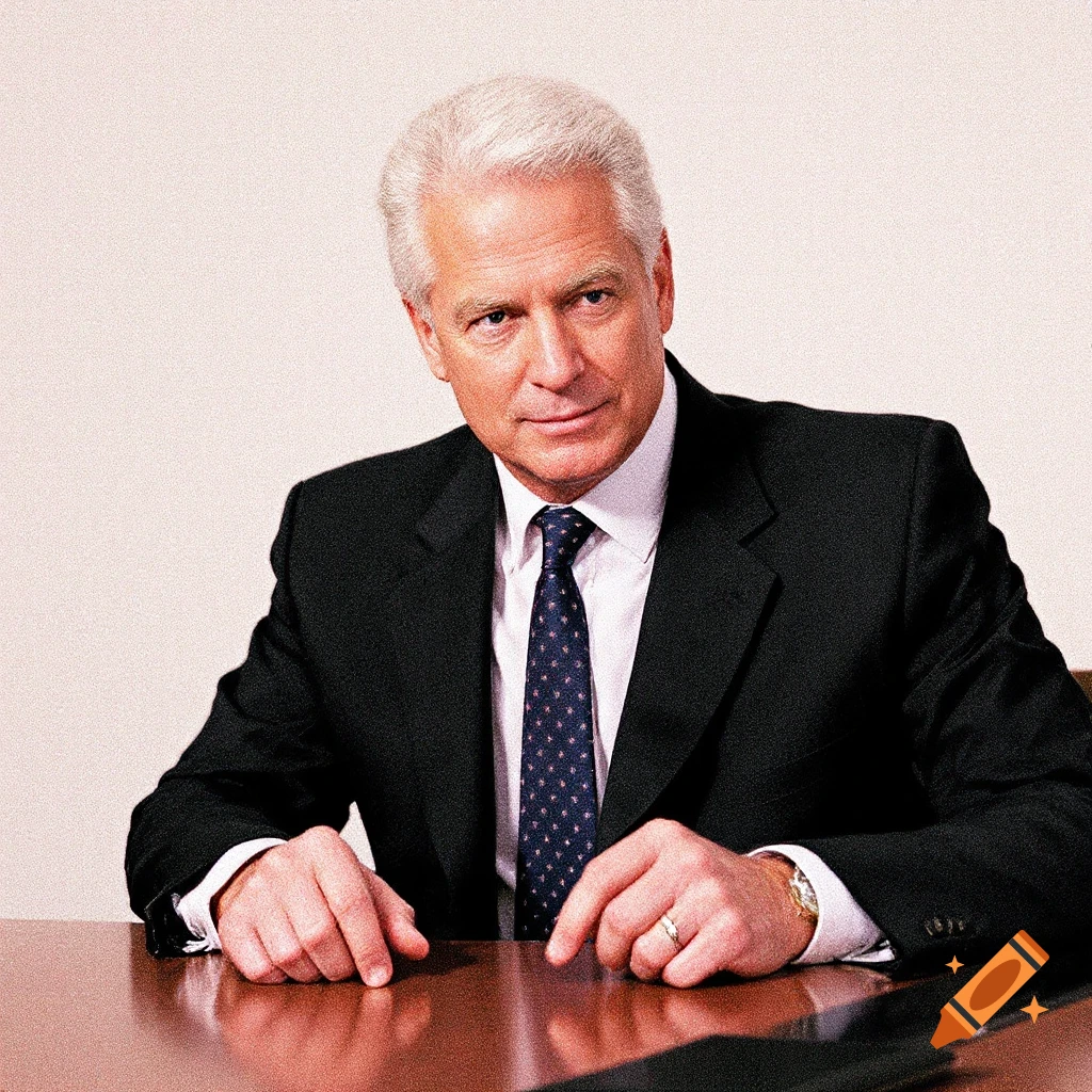 A man in a black suit and tie sits at a wooden table.