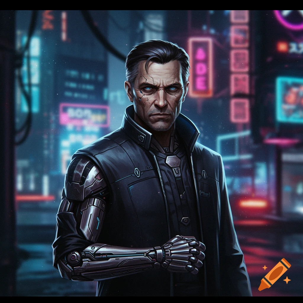 Digital art portrait of a man with cybernetics in a futuristic cyberpunk city.