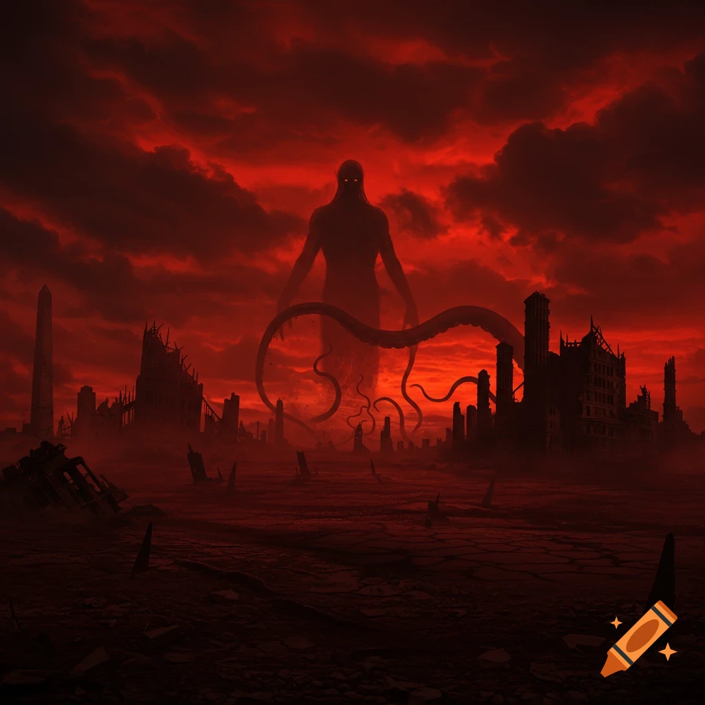 A giant, shadowy monster with tentacles looms over a ruined city under a dark red sky.