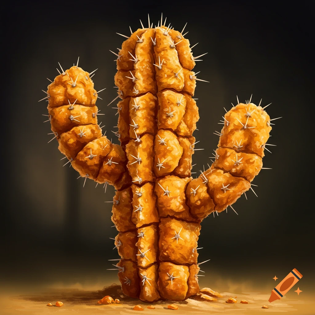 A cactus made of chicken nuggets, standing in sand.