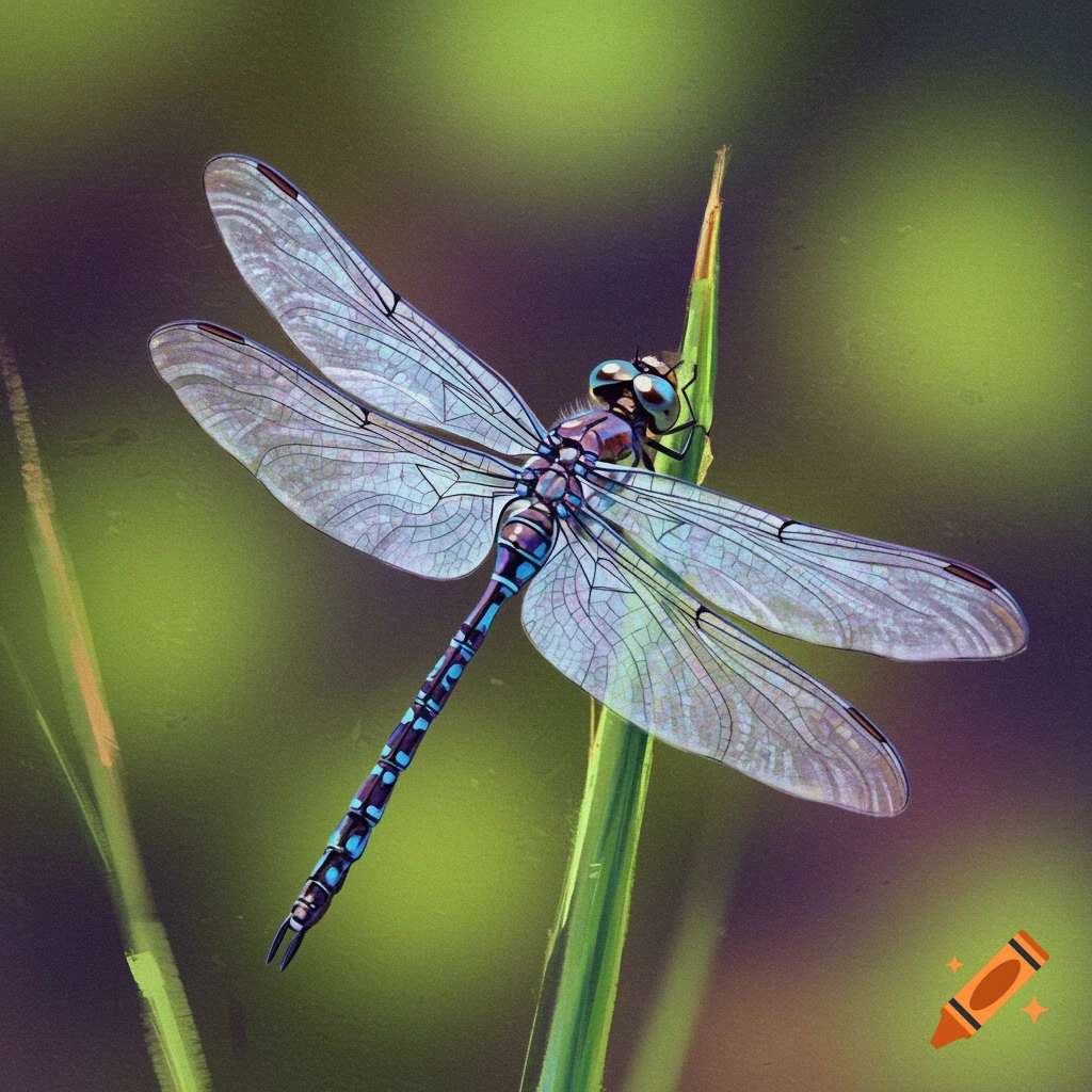 Close-up of a blue and purple dragonfly perched on a green plant stem with blurred green and purple background.