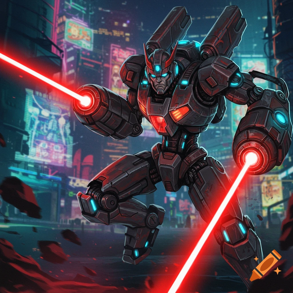 A dark sci-fi mecha robot shoots red lasers in a futuristic cyberpunk city.