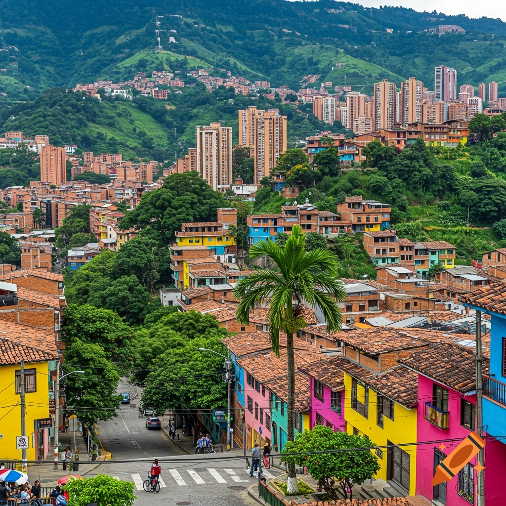 A vibrant city of colorful buildings sprawls across green hillsides, with taller buildings in the background.