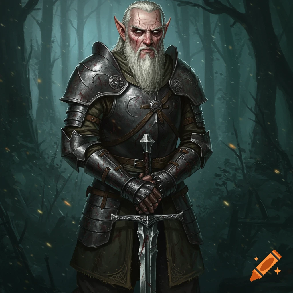 An old warrior with elf ears and a long white beard stands in a dark forest, holding a sword.