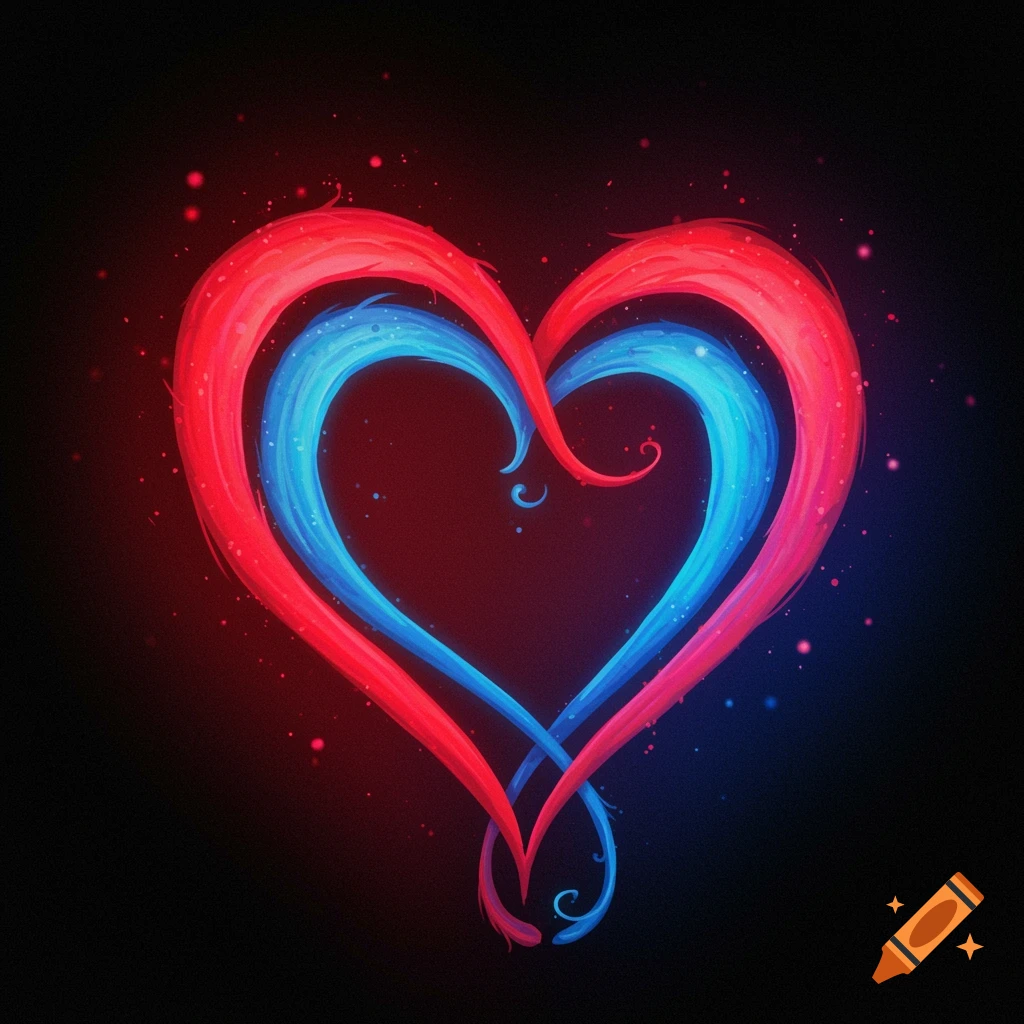 Stylized heart made of glowing red and blue intertwined lines on black.