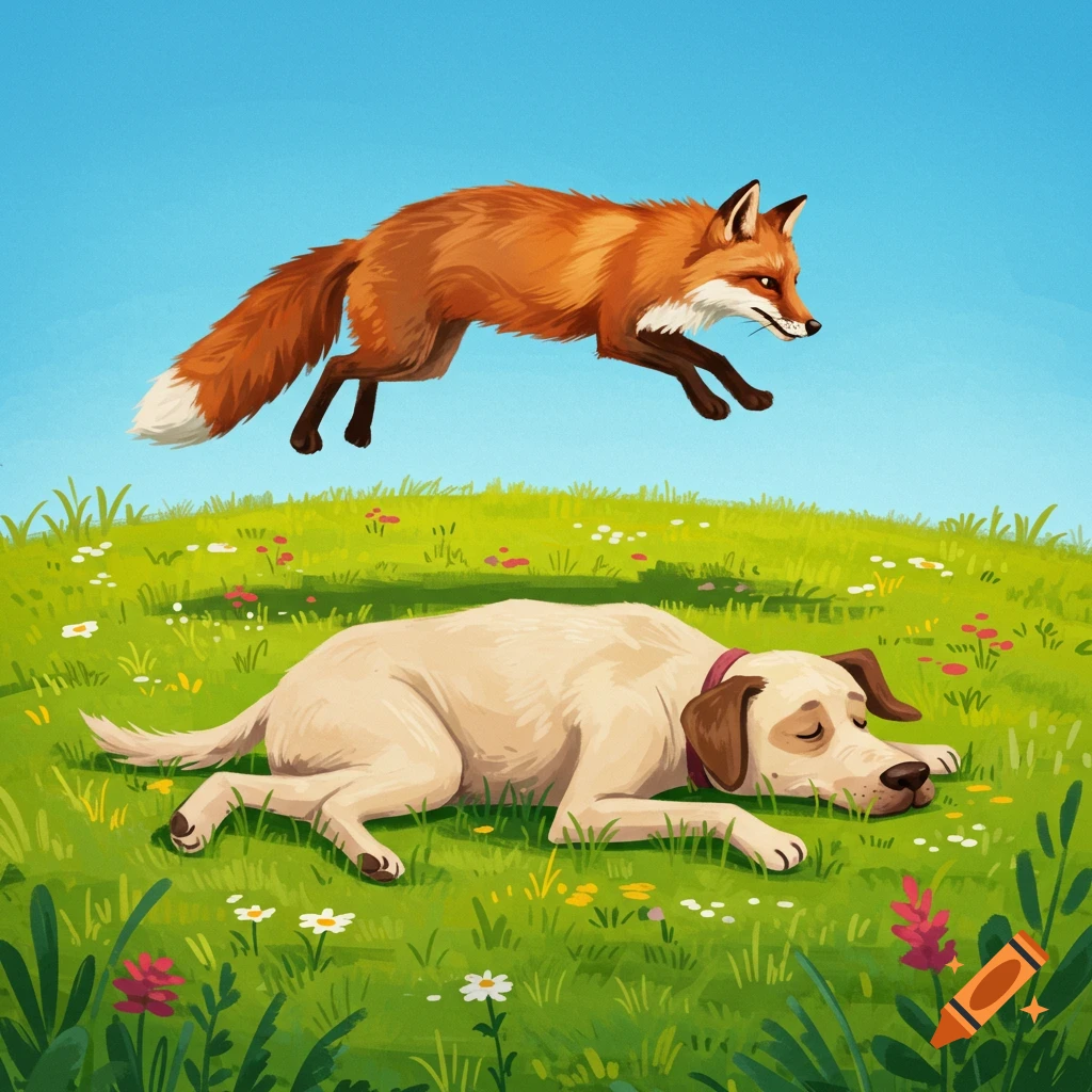 An orange fox leaps over a sleeping yellow dog in a grassy field illustration.