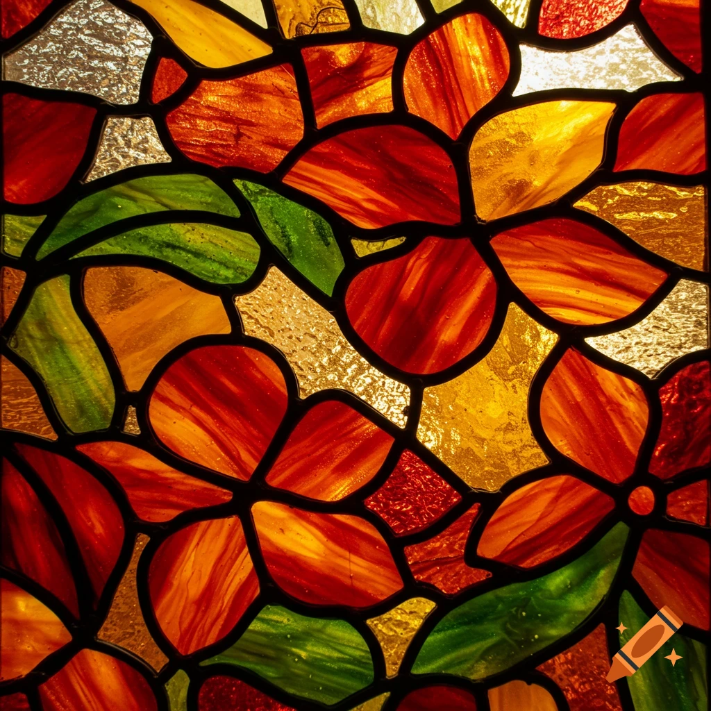 Close-up of stained glass with red, orange, yellow, and green flowers and leaves.