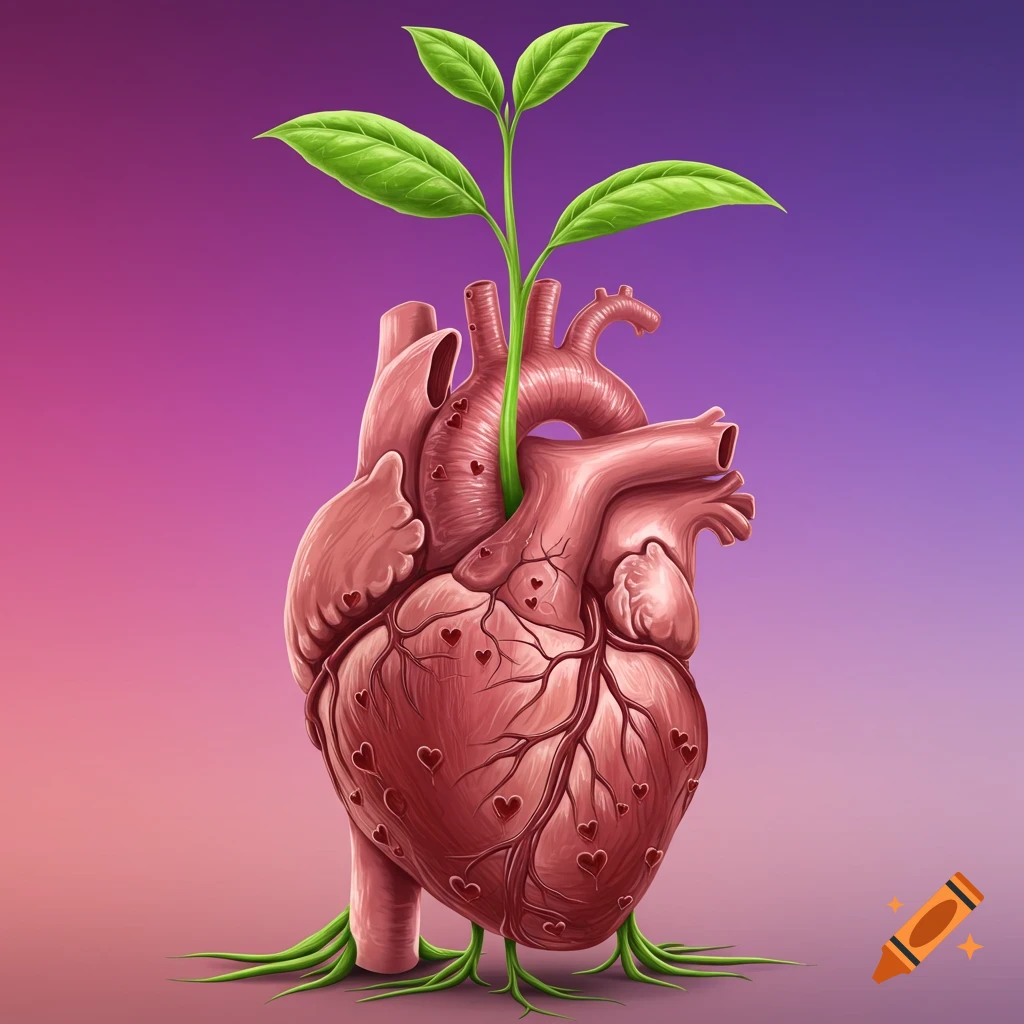 A stylized human heart with a green plant growing from the top and roots from the bottom, covered in small heart shapes.