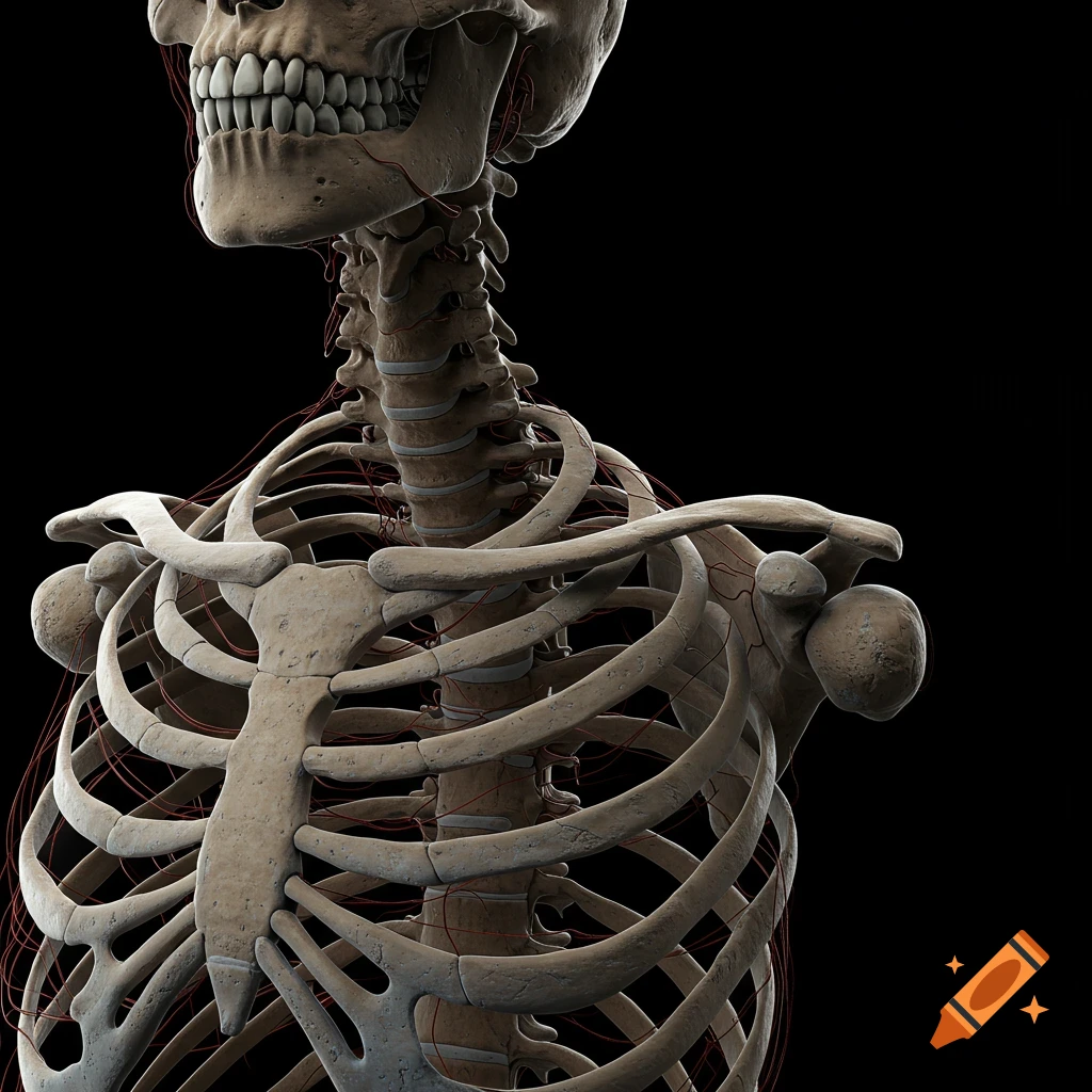 Detailed 3D render of the upper human skeleton showing skull, spine, rib cage, and shoulders with vessels on black background.
