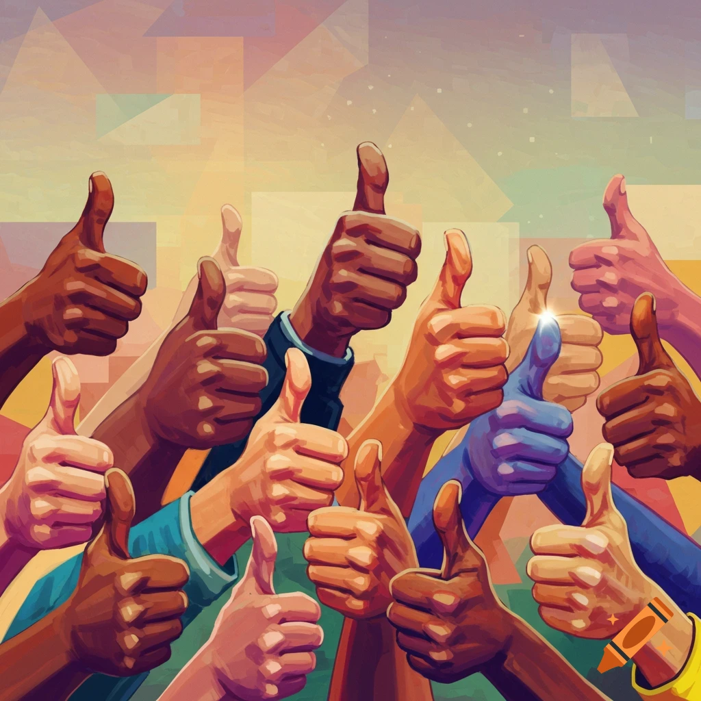 Many hands with diverse skin tones giving thumbs up against a colorful geometric background.