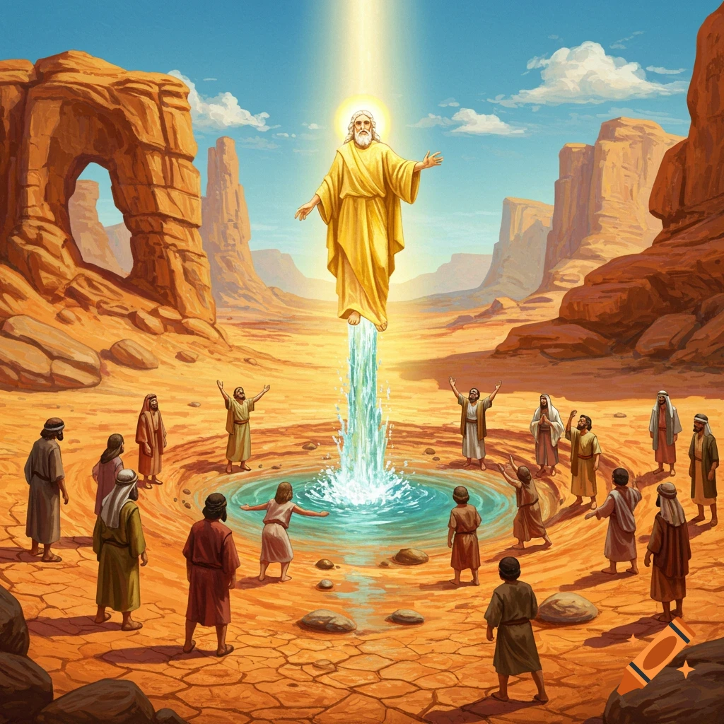 A glowing figure descends with a stream of water into a desert pool, surrounded by figures looking up in awe, illustration.