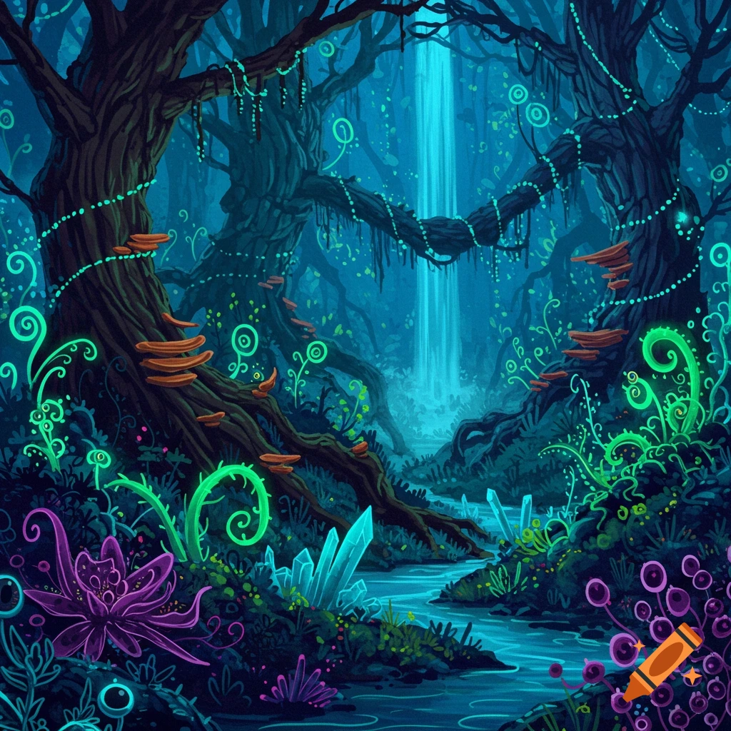 A mystical fantasy forest scene with glowing plants, crystals, a river, and a waterfall.