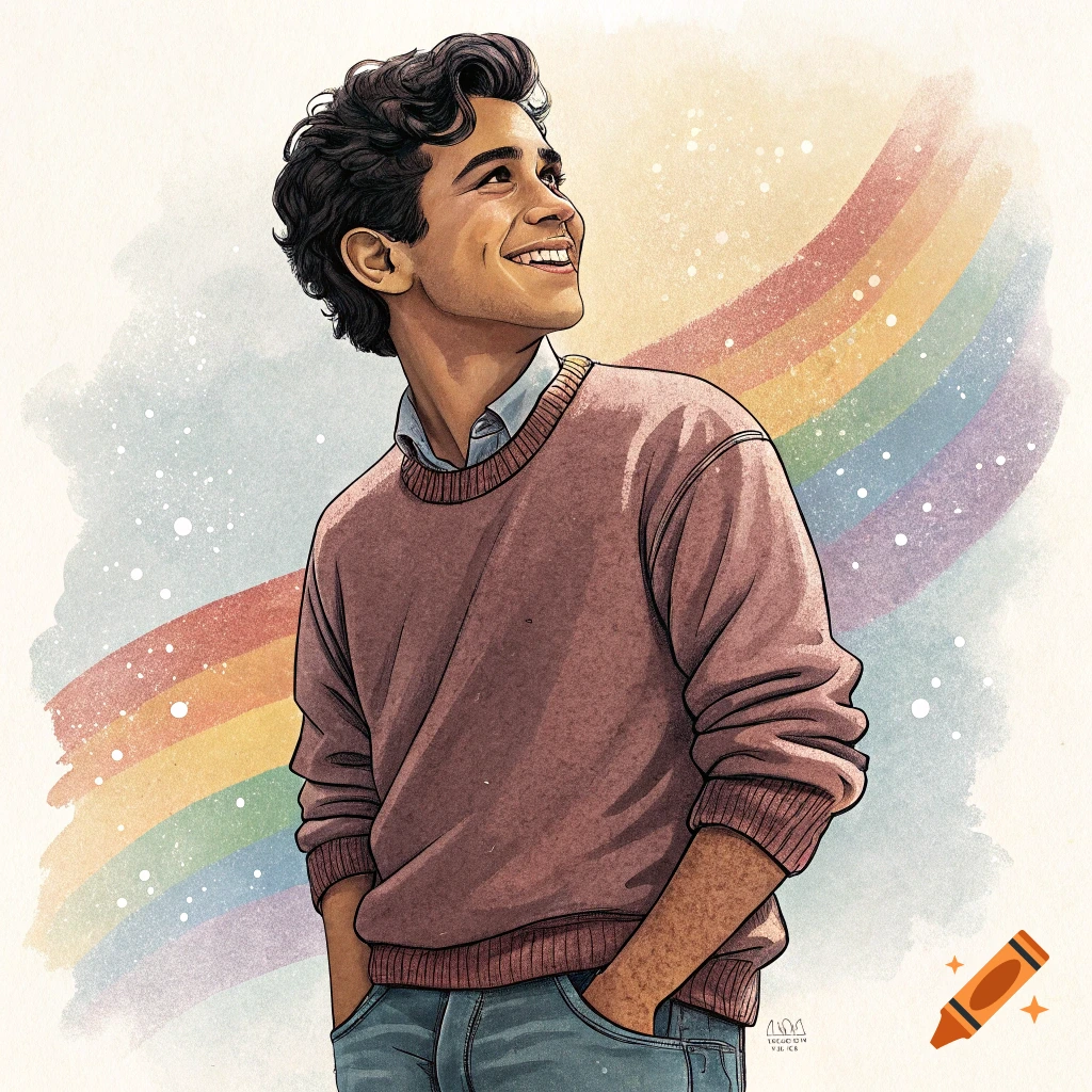 Illustration of a smiling young man looking up with a rainbow in the background.