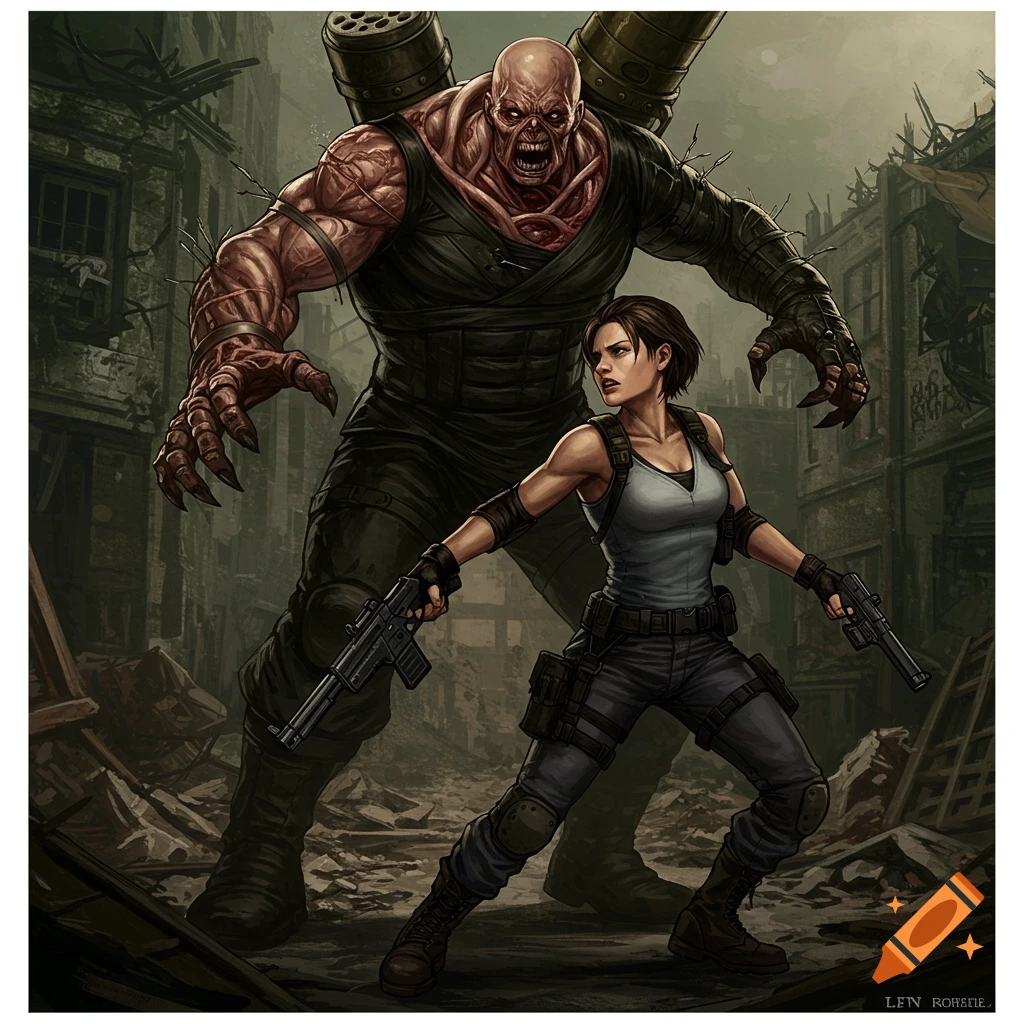 Jill Valentine battles Nemesis in a ruined city, illustration
