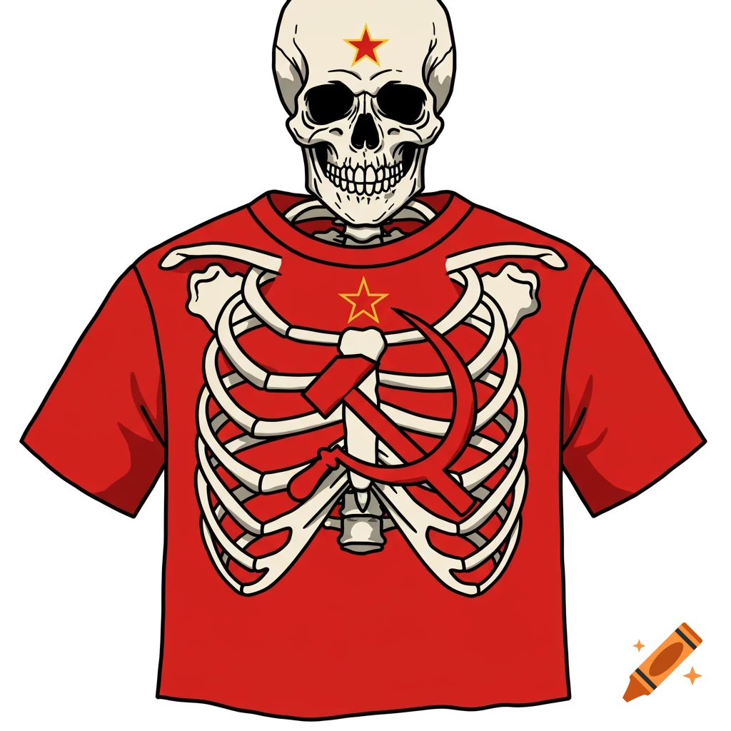 Illustration of a skeleton wearing a red shirt with a hammer and sickle ribcage design and a red star on its forehead.