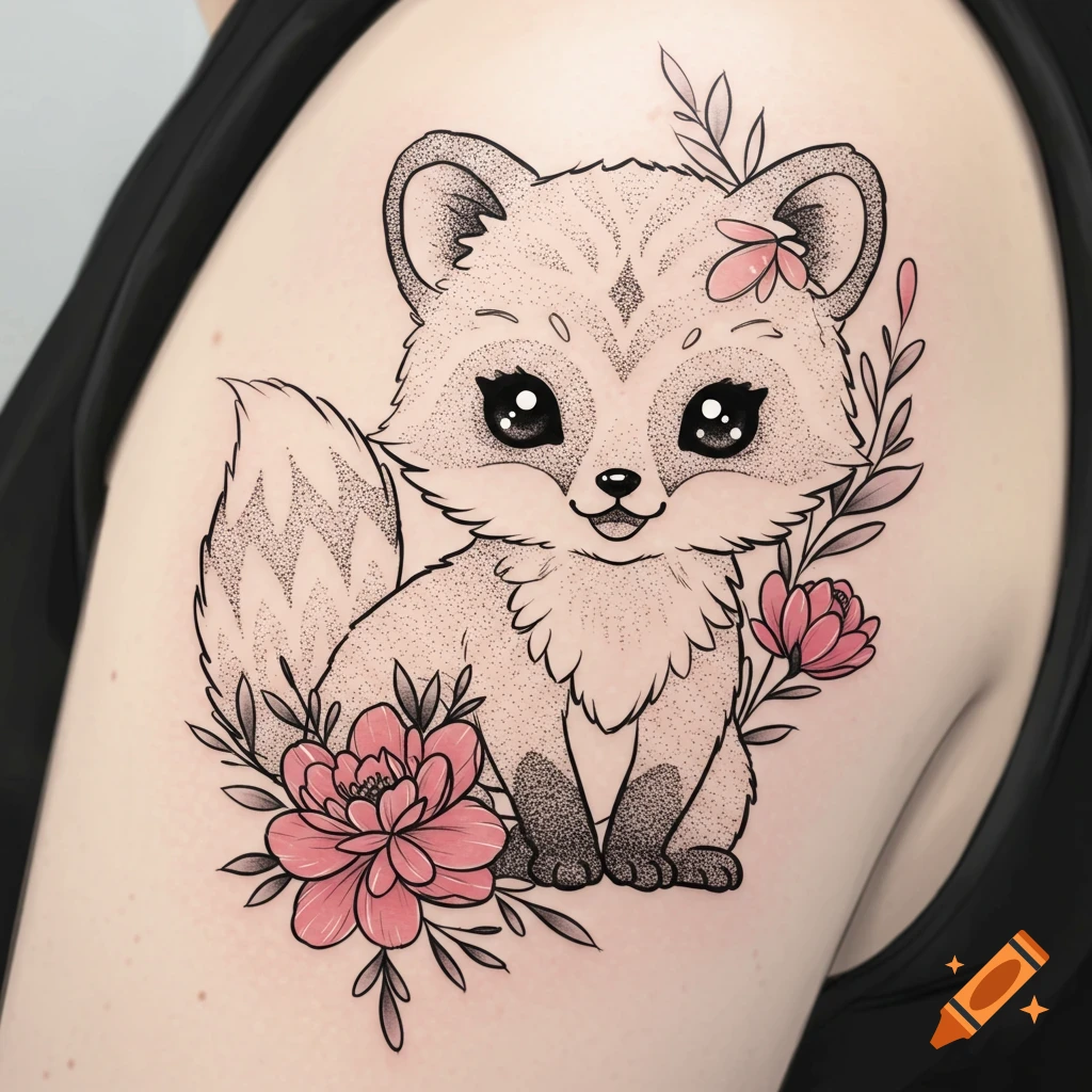 Cute dotwork tattoo of a fox-like animal with flowers on an arm.
