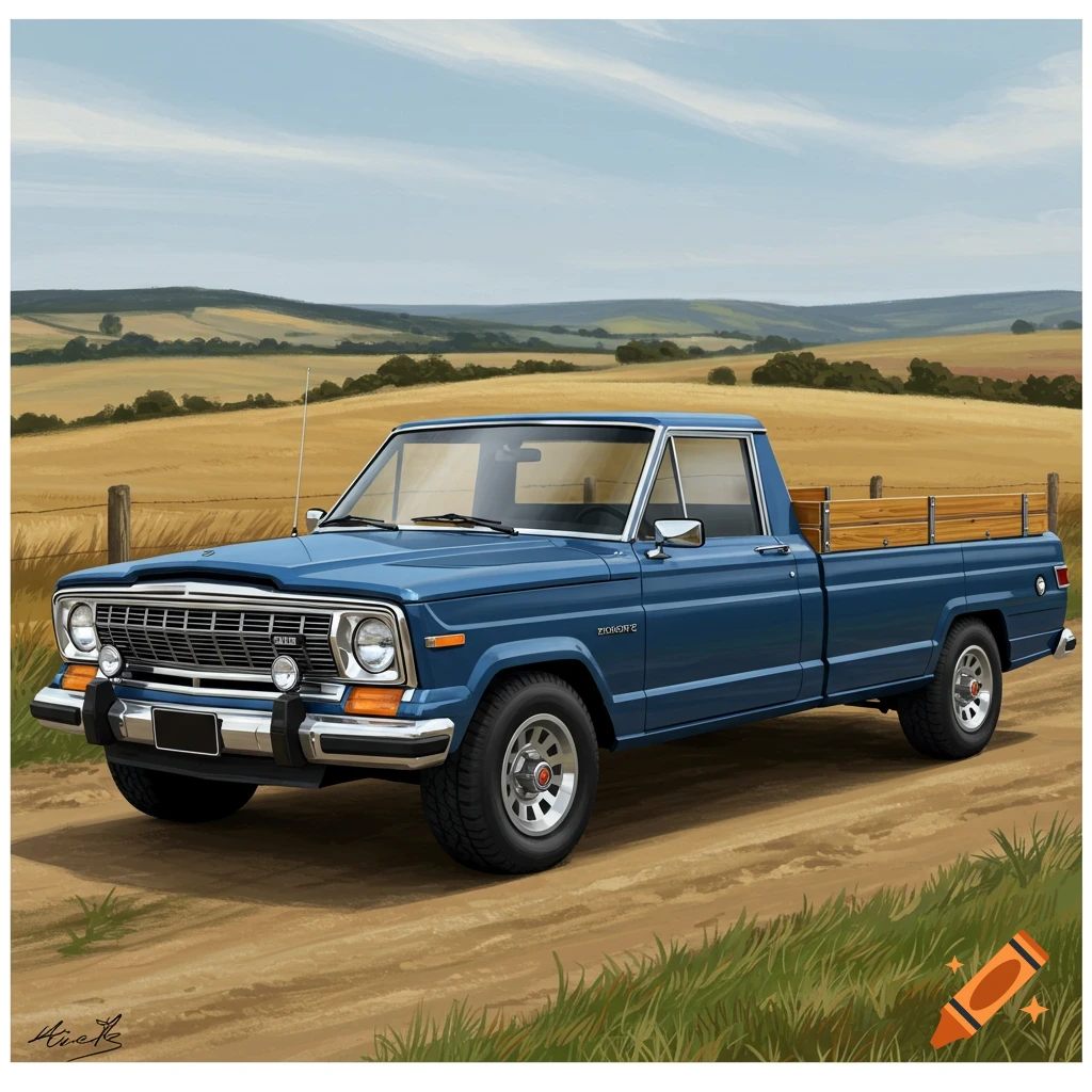 A blue pickup truck with a wooden bed drives on a dirt road through a field in an illustrative style.