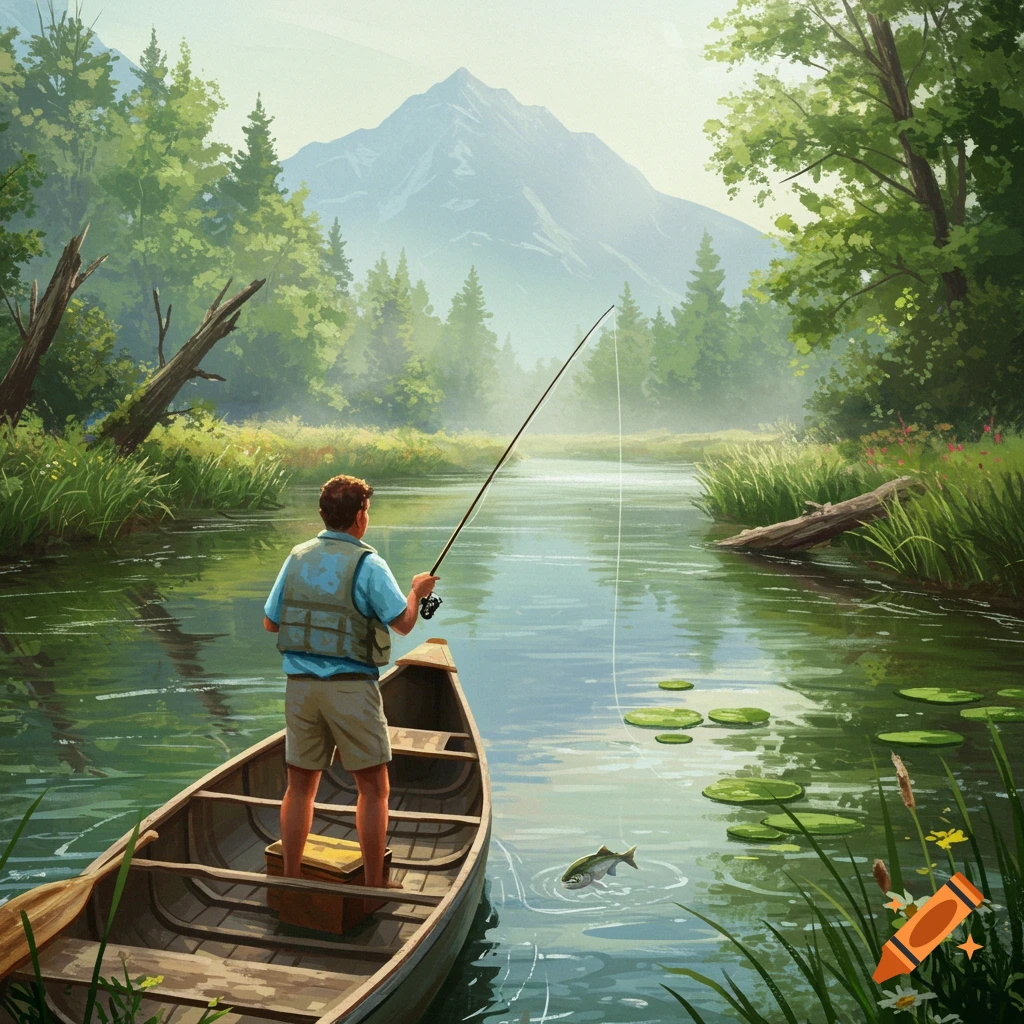 An illustration of a man fishing from a boat on a river in a scenic nature landscape with mountains.