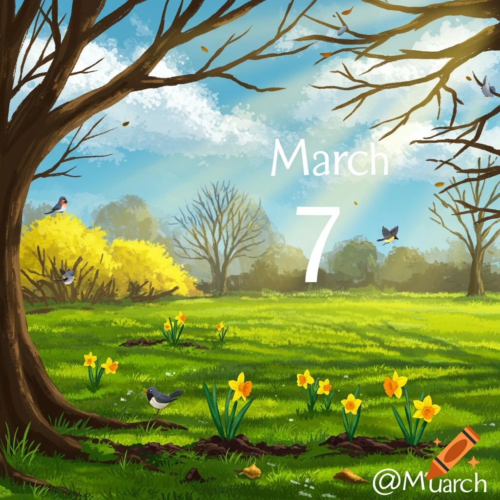 Illustrative spring landscape with daffodils, birds, trees, and 'March 7' in the sky.