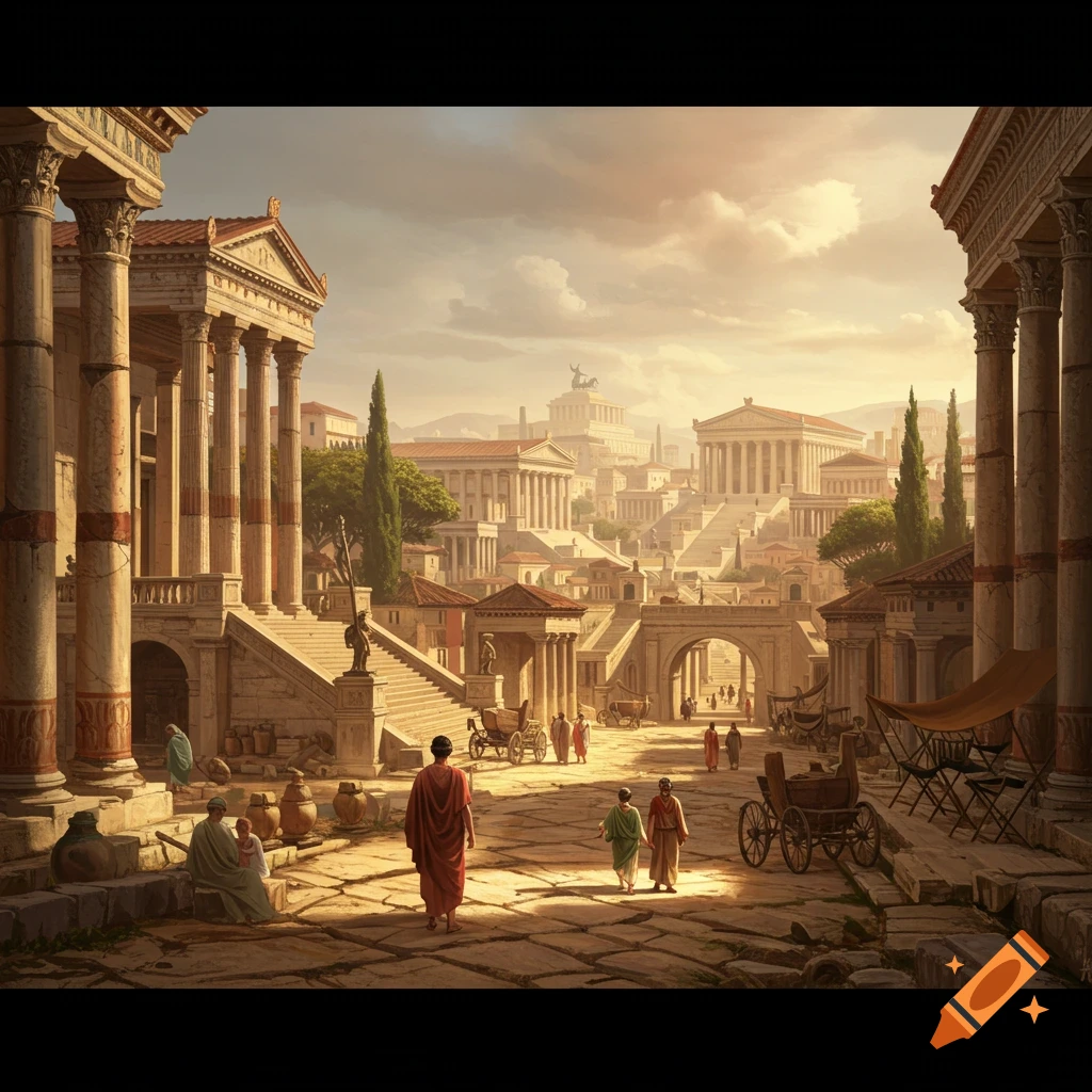 Ancient city street scene with large columns, grand buildings, and people in ancient clothing under a sunny sky
