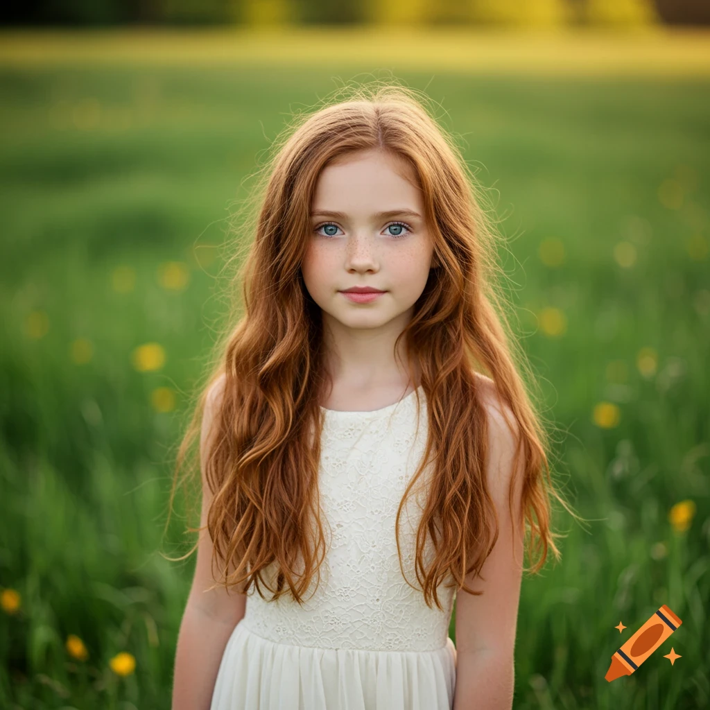 Portrait of a young girl with long red hair and blue eyes in a grassy field with yellow flowers.