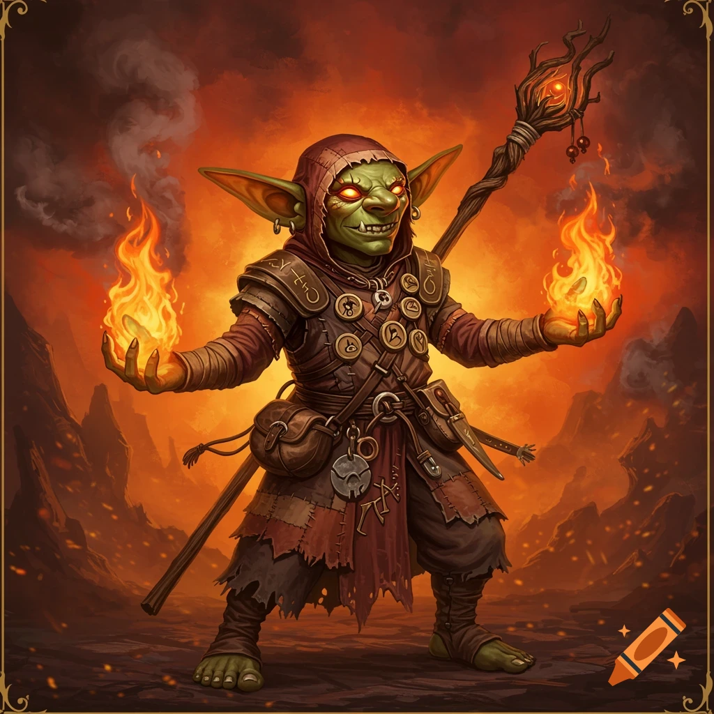 Fantasy illustration of a goblin fire oracle holding flames in its hands, standing in a fiery landscape.