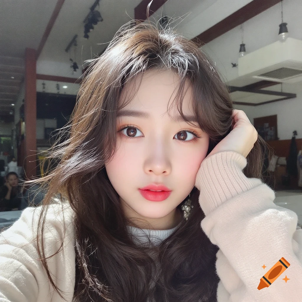 Close-up portrait of a young woman with long brown hair and makeup, wearing a beige sweater.