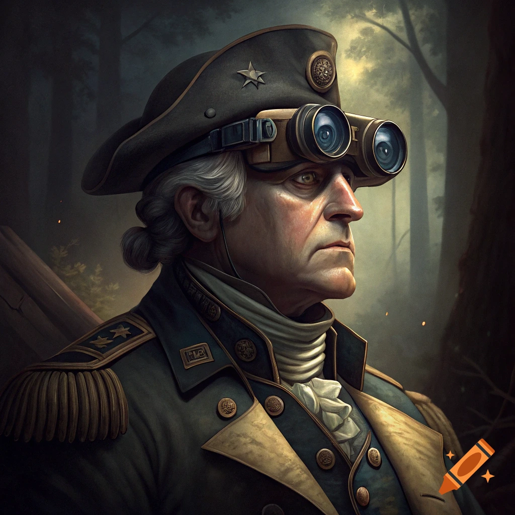 Portrait of George Washington wearing goggles in a forest, digital art.