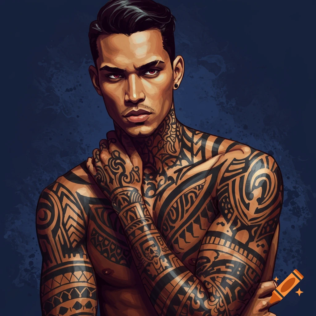 Illustration of a man with dark hair and extensive tribal tattoos on his arms, chest, and neck.
