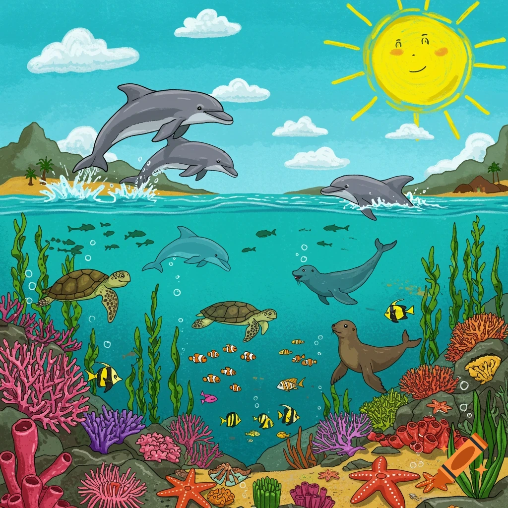 Colorful illustration of marine life with dolphins jumping and seals, turtles, fish swimming in a coral reef.