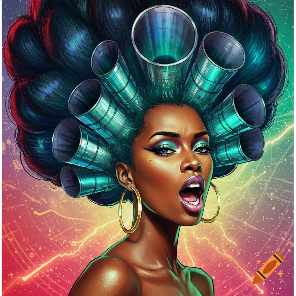 A woman with large, turbine-like hair and dramatic makeup against a colorful lightning background.