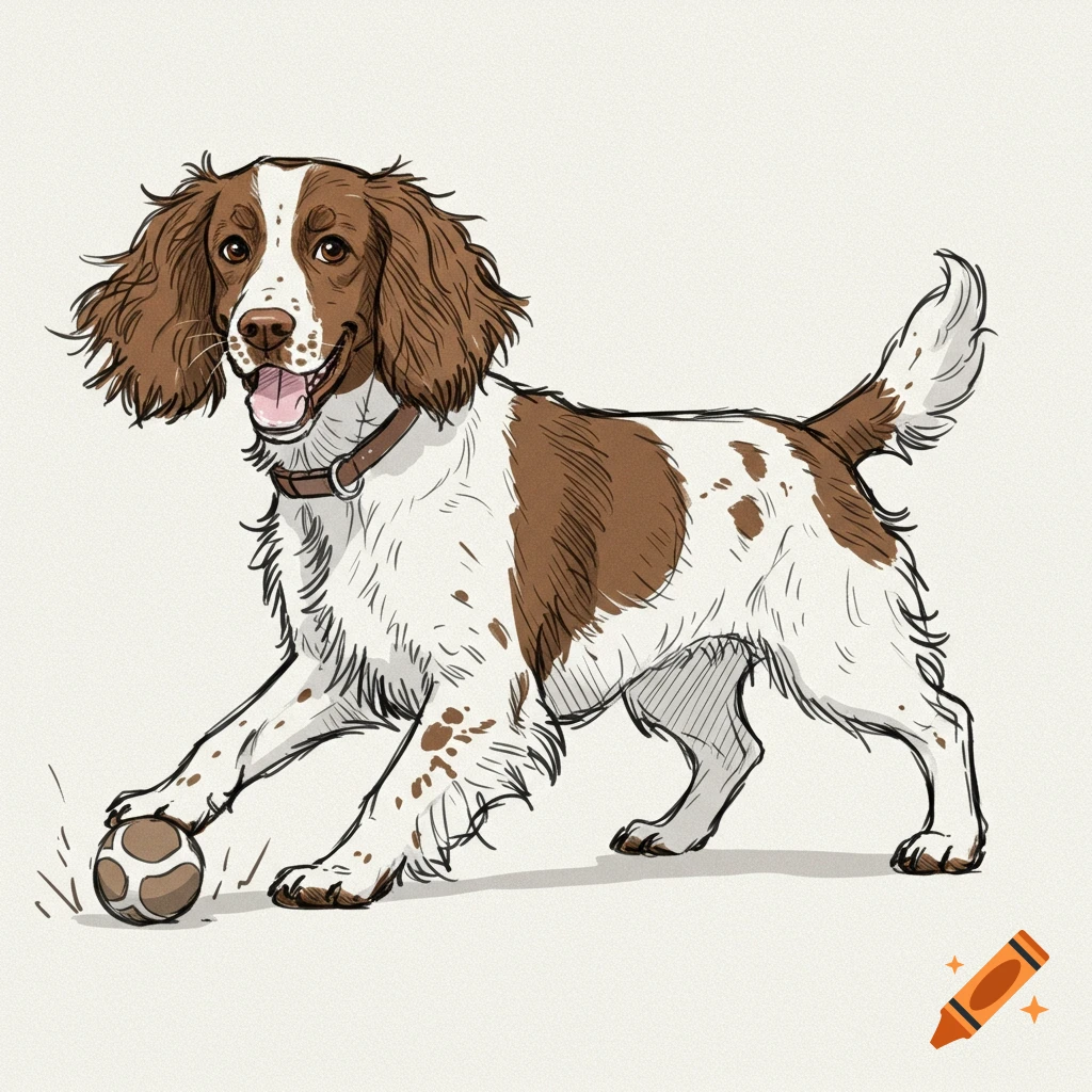 A brown and white spaniel plays with a ball in a sketch style.