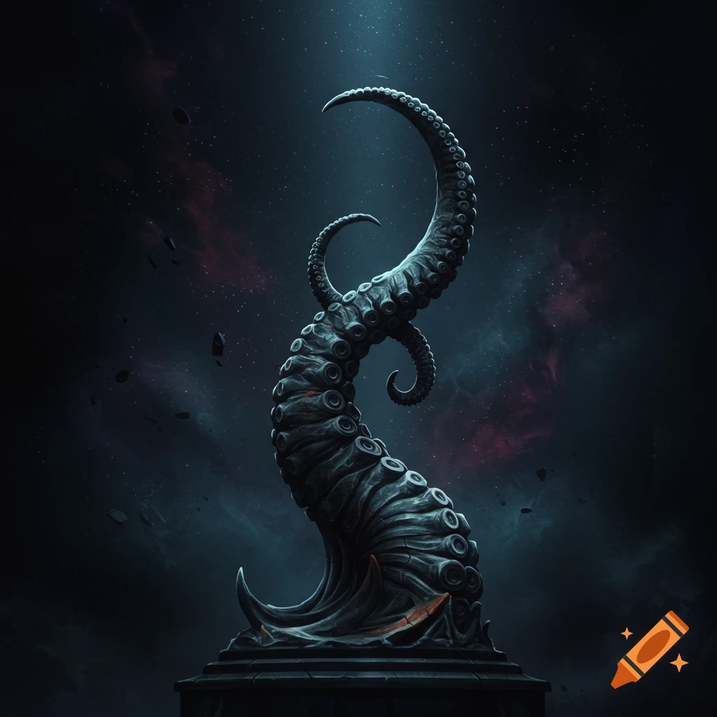 A dark, textured tentacle statue rises against a starry, cosmic background.