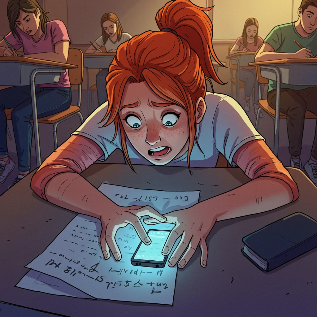 Student hiding phone during test