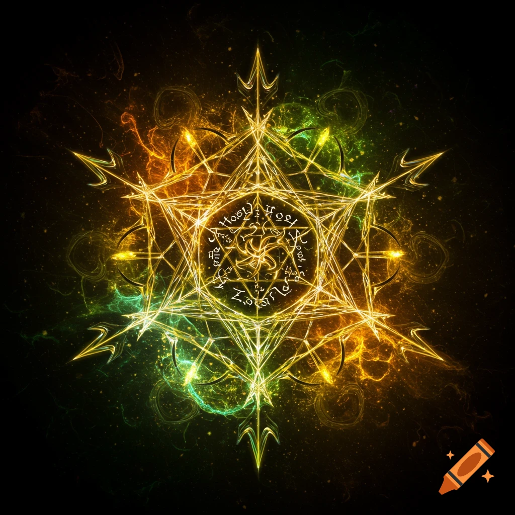 A complex, glowing golden magical sigil against a dark background with swirling orange and green light.