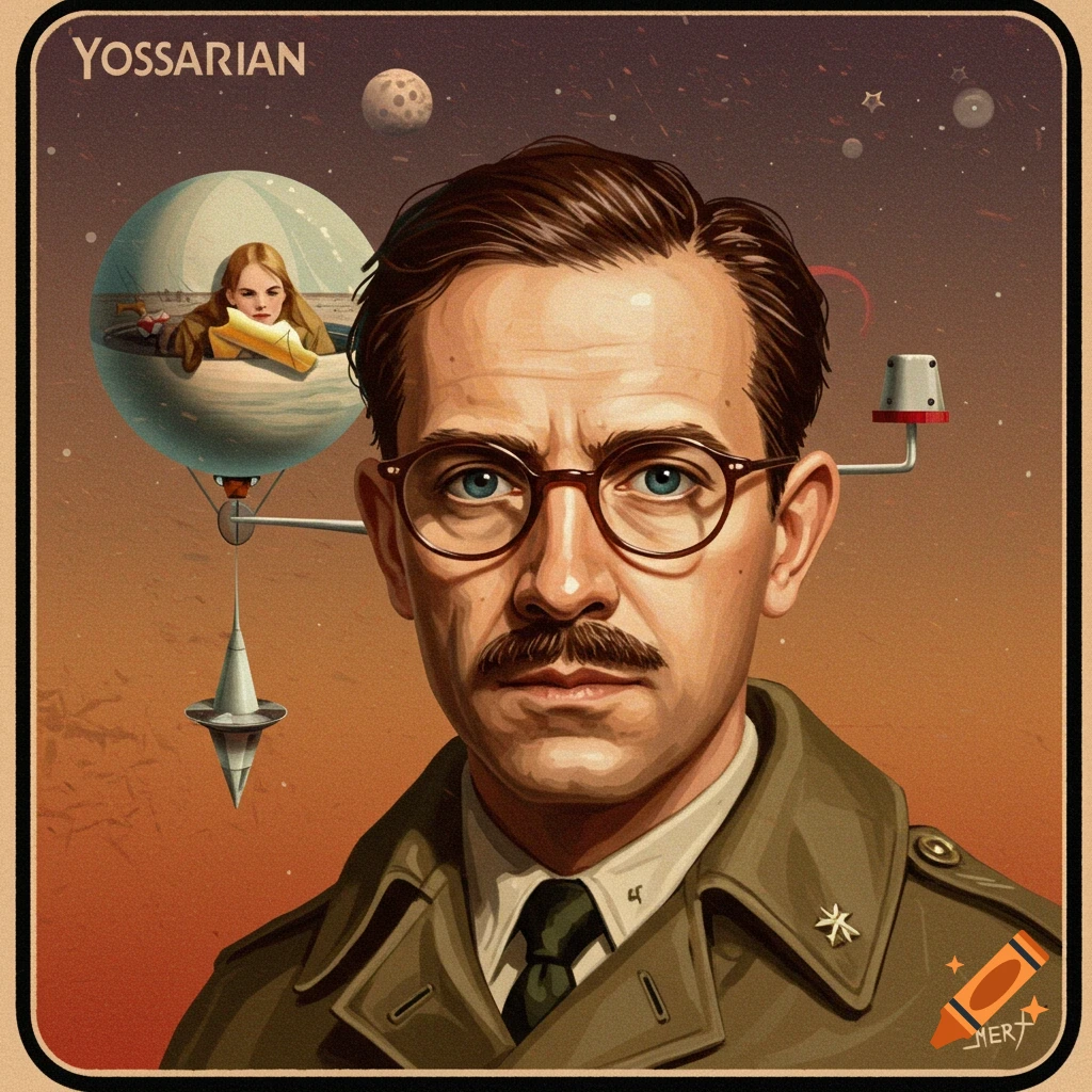 Portrait of a man in uniform with glasses and mustache against a surreal space backdrop with a bubble containing a woman.